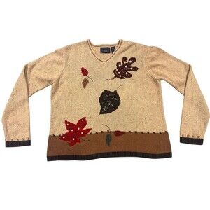 Vintage Crazy Horse Liz Claiborne Autumn Leaf Knit Silk Wool Blend Sweater XL